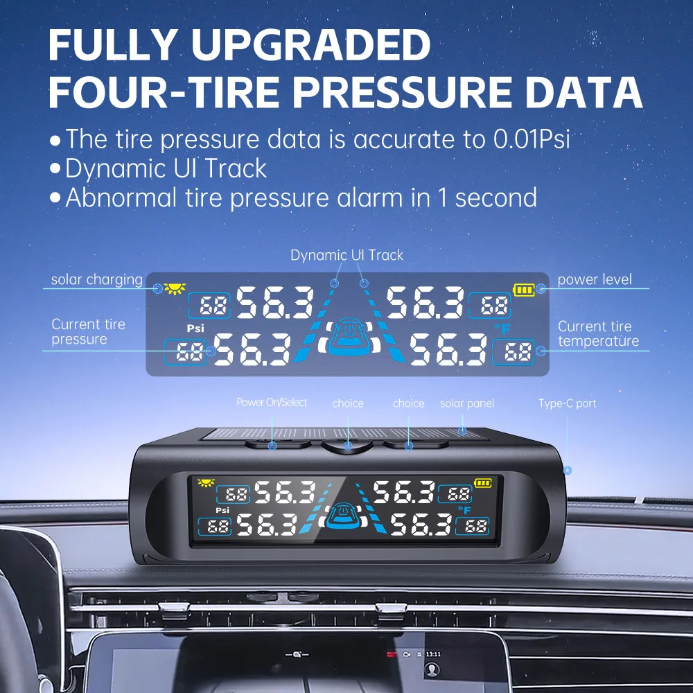 USB/Solar TPMS Temperature Monitor with 4 External Sensors Digital LCD Display 0-6.8Bar T21 Tire Pressure Gauge Car Tyre Monitor