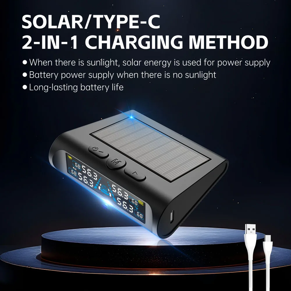 USB/Solar TPMS Temperature Monitor with 4 External Sensors Digital LCD Display 0-6.8Bar T21 Tire Pressure Gauge Car Tyre Monitor