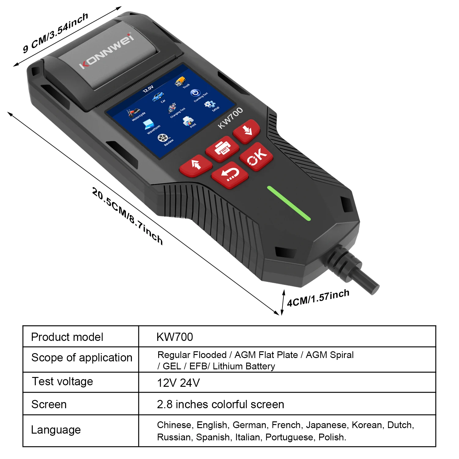 KONNWEI KW700 12V 24V Car & Truck Battery Tester with Print Function Battery Analyzer Cranking Test Charging Test 10-2000CCA
