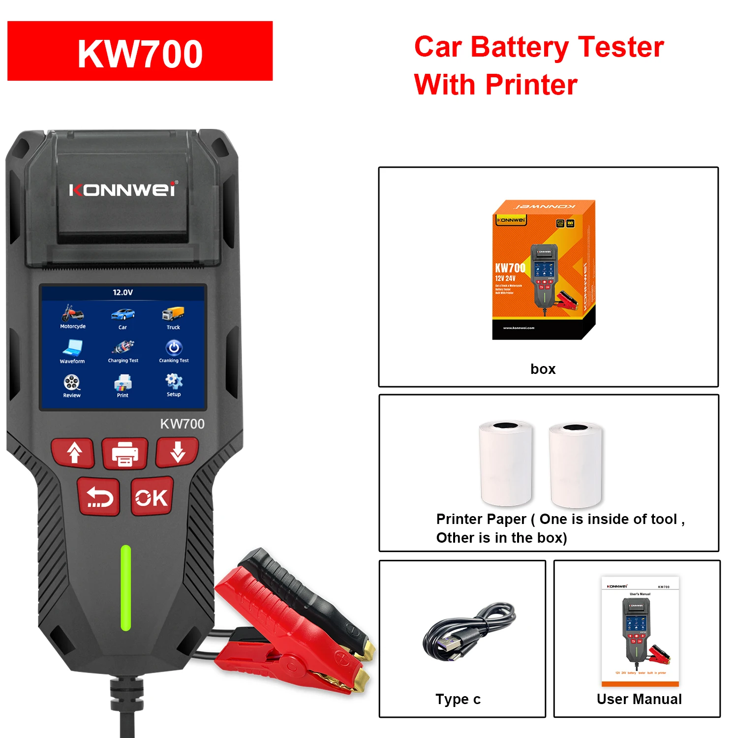 KONNWEI KW700 12V 24V Car & Truck Battery Tester with Print Function Battery Analyzer Cranking Test Charging Test 10-2000CCA