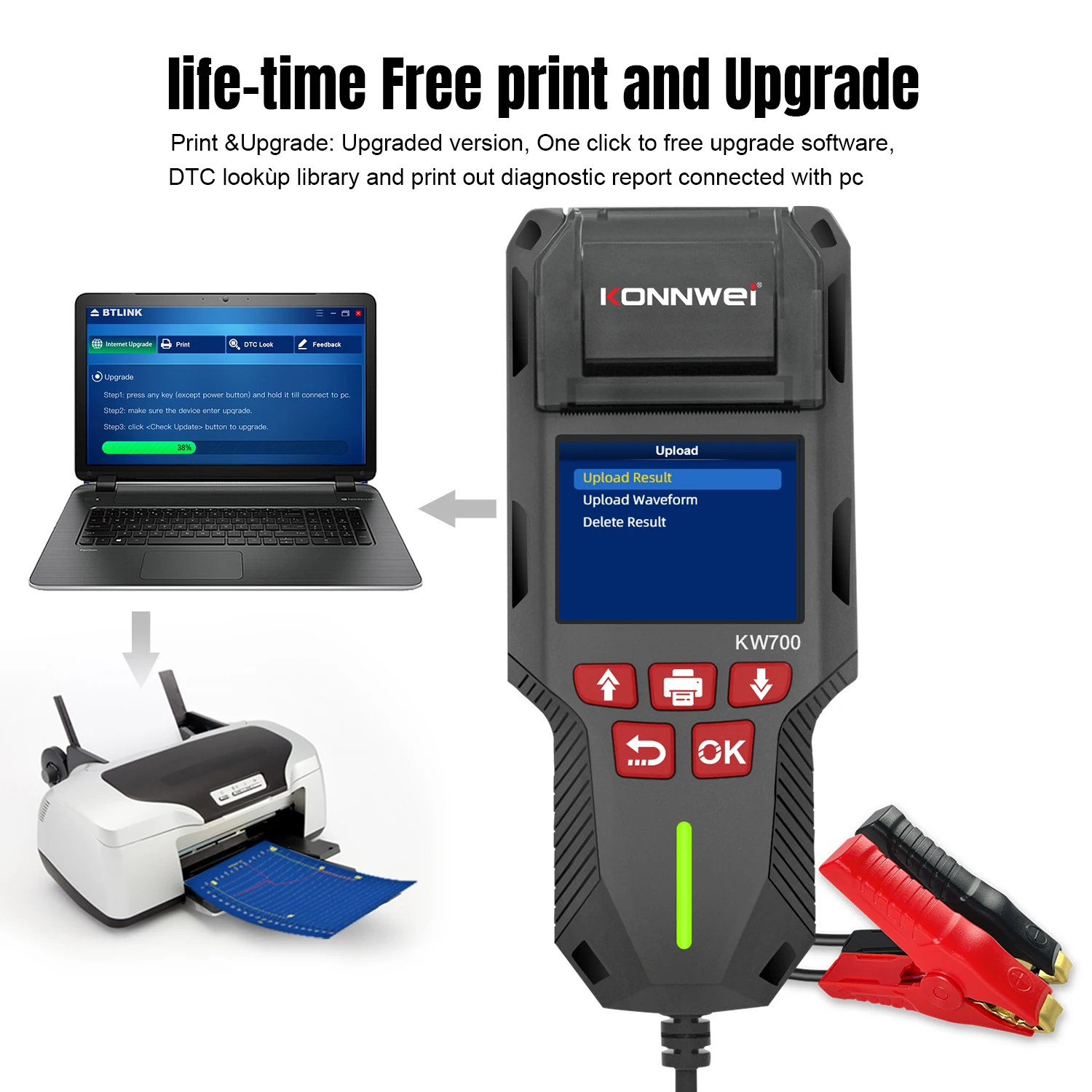 KONNWEI KW700 12V 24V Car & Truck Battery Tester with Print Function Battery Analyzer Cranking Test Charging Test 10-2000CCA