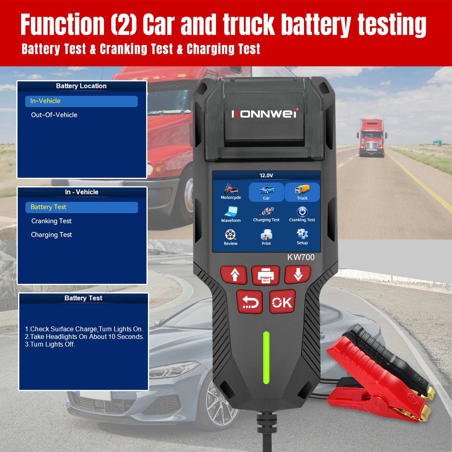 KONNWEI KW700 12V 24V Car & Truck Battery Tester with Print Function Battery Analyzer Cranking Test Charging Test 10-2000CCA