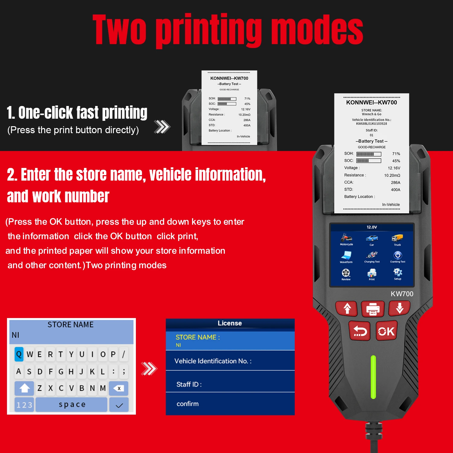 KONNWEI KW700 12V 24V Car & Truck Battery Tester with Print Function Battery Analyzer Cranking Test Charging Test 10-2000CCA