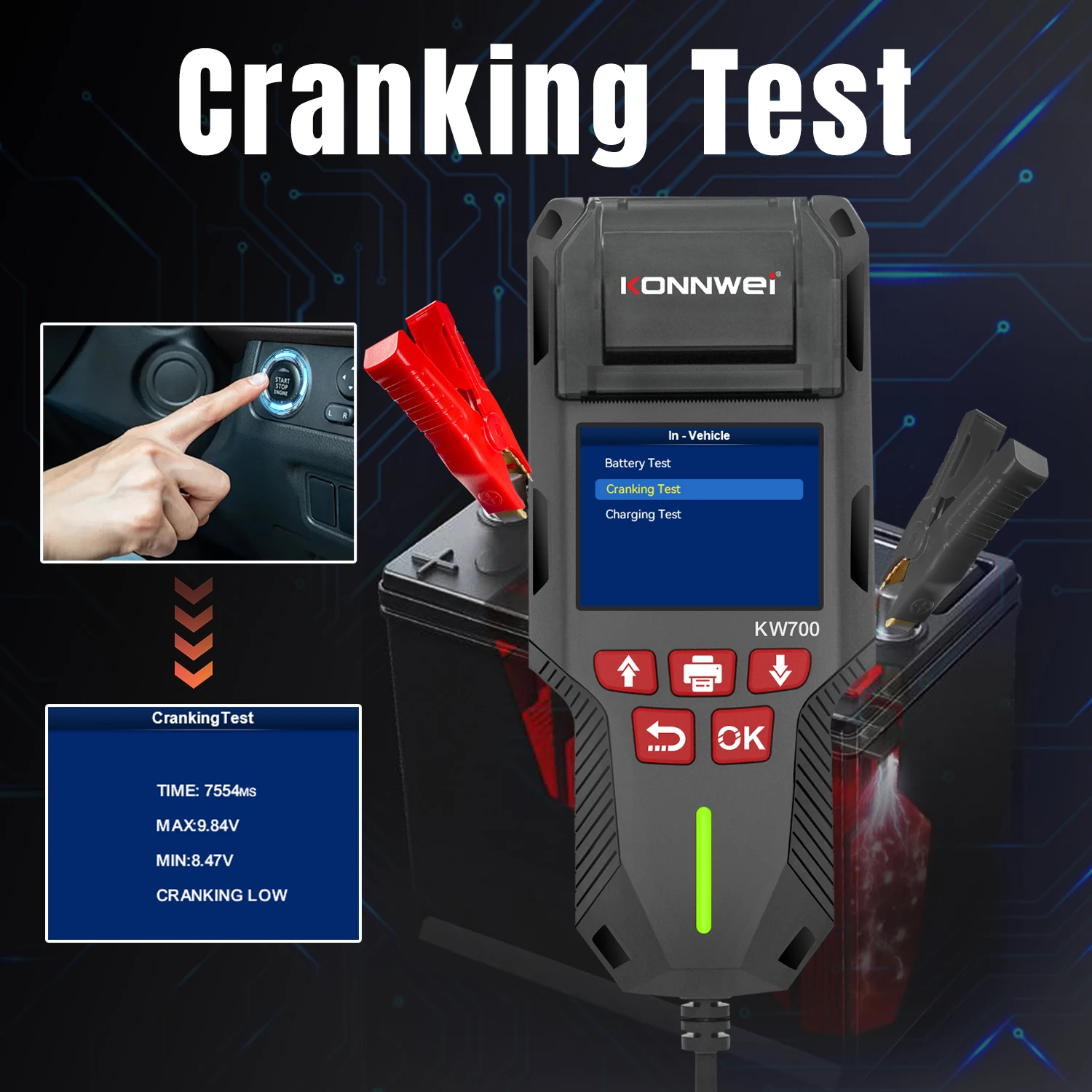 KONNWEI KW700 12V 24V Car & Truck Battery Tester with Print Function Battery Analyzer Cranking Test Charging Test 10-2000CCA