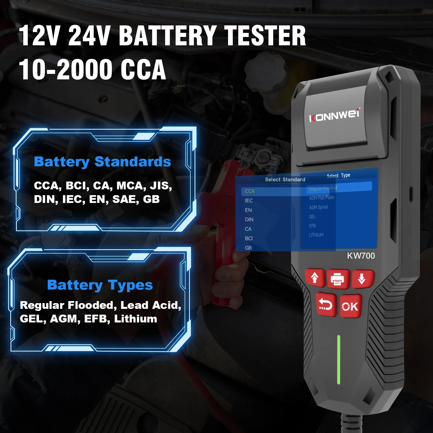 KONNWEI KW700 12V 24V Car & Truck Battery Tester with Print Function Battery Analyzer Cranking Test Charging Test 10-2000CCA