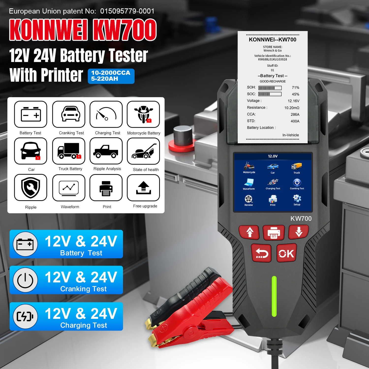 KONNWEI KW700 12V 24V Car & Truck Battery Tester with Print Function Battery Analyzer Cranking Test Charging Test 10-2000CCA