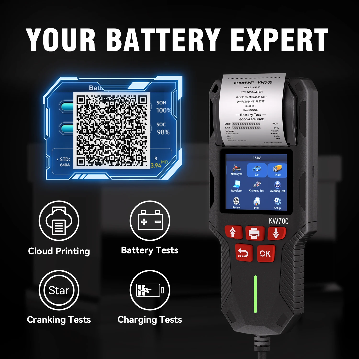 KONNWEI KW700 12V 24V Car & Truck Battery Tester with Print Function Battery Analyzer Cranking Test Charging Test 10-2000CCA