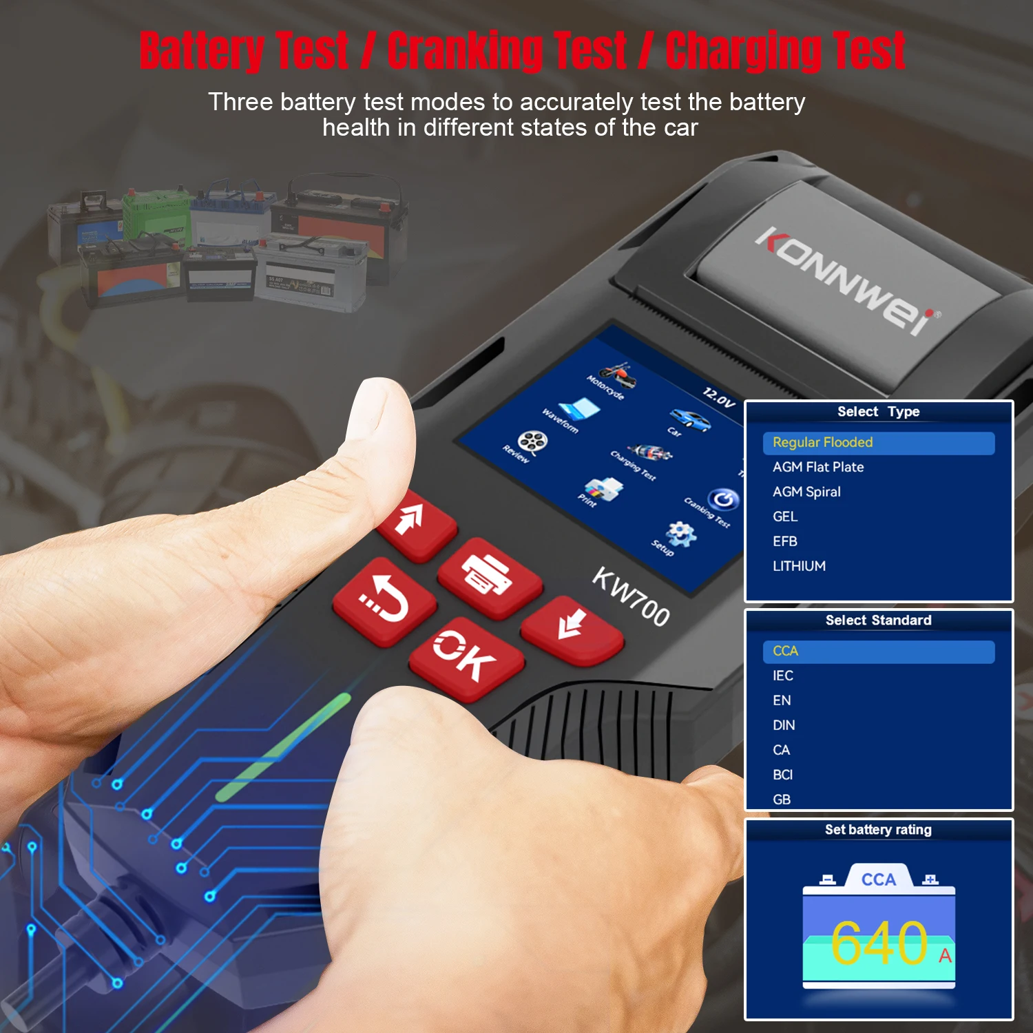 KONNWEI KW700 12V 24V Car & Truck Battery Tester with Print Function Battery Analyzer Cranking Test Charging Test 10-2000CCA