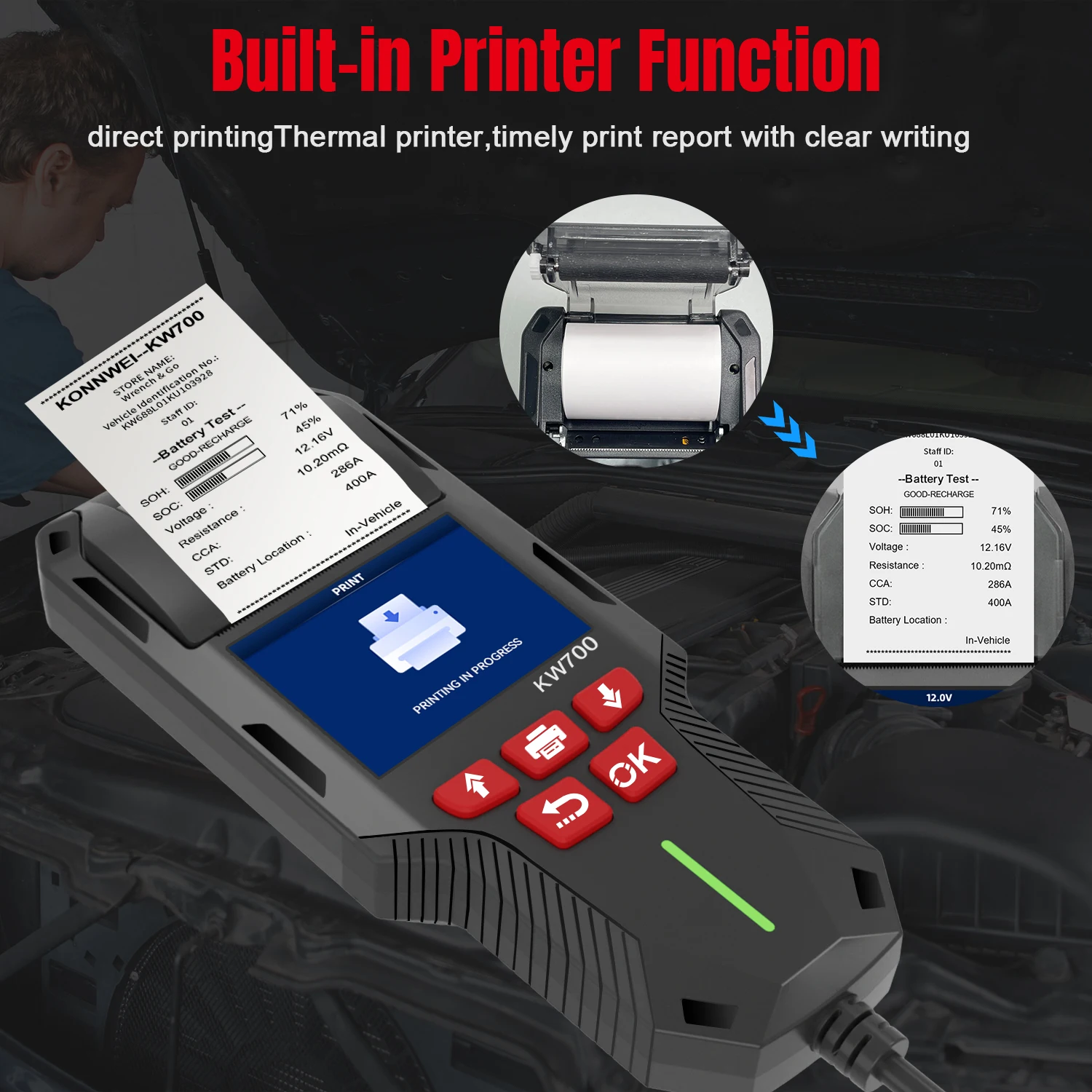 KONNWEI KW700 12V 24V Car & Truck Battery Tester with Print Function Battery Analyzer Cranking Test Charging Test 10-2000CCA