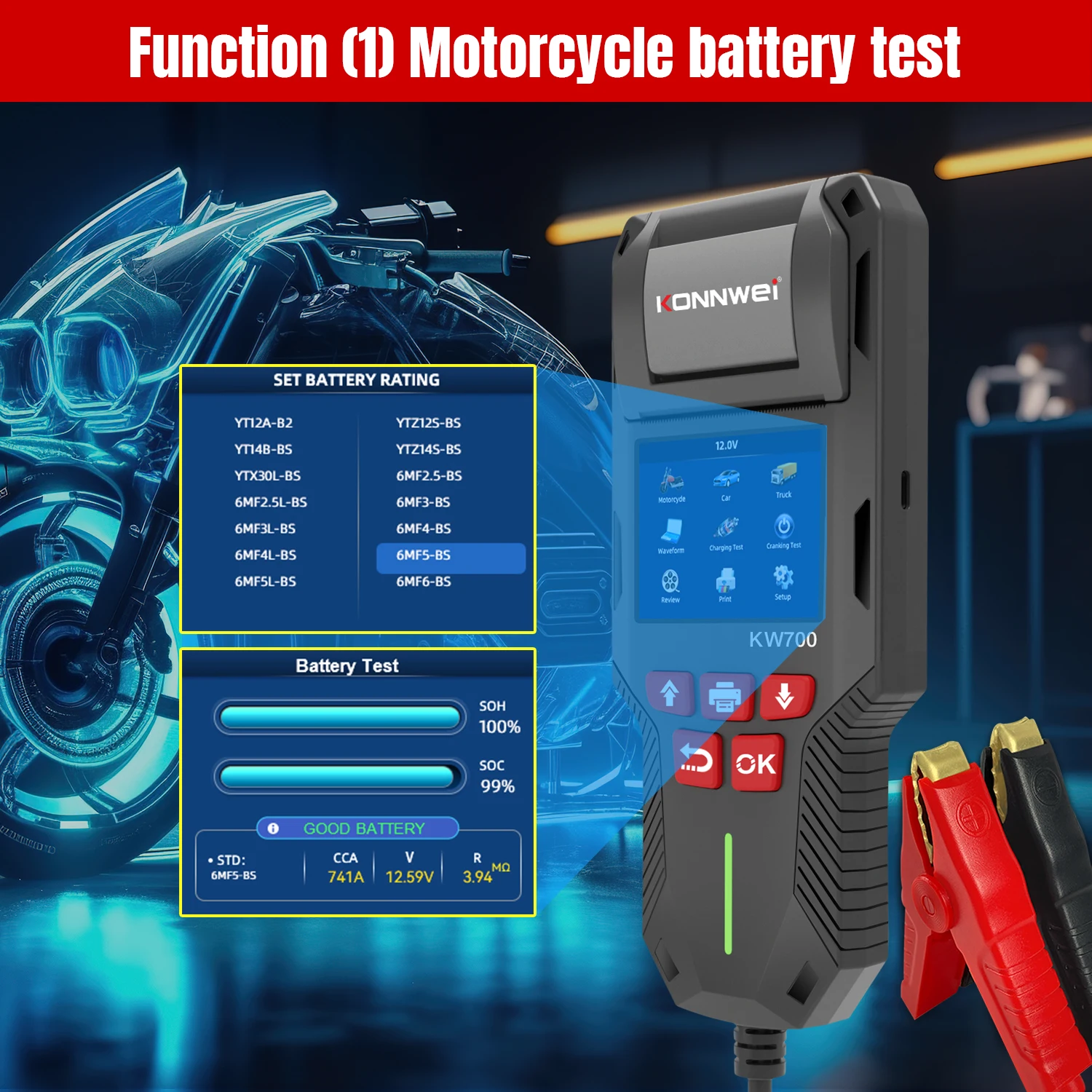 KONNWEI KW700 12V 24V Car & Truck Battery Tester with Print Function Battery Analyzer Cranking Test Charging Test 10-2000CCA