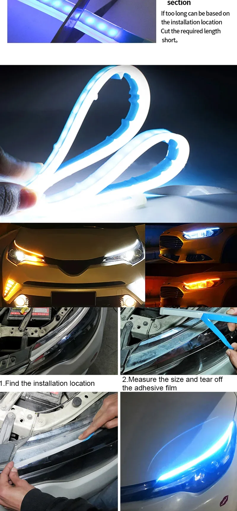 2Pcs 12V Led Guide Strip Headlight for Car Daytime Running Lights Turn Signal Bulb DRL Sequential Switchback 30cm/45cm/60cm