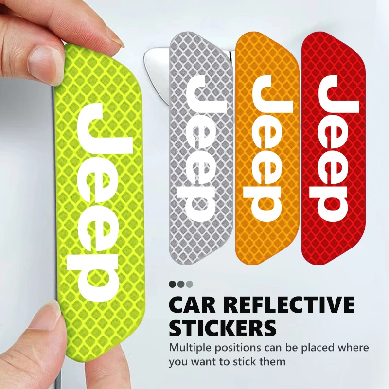 For Jeep 4pcs Car Logo Door Reflective Strips Sticker Security Warning Stickers Accessories Cherokee Wrangler JK Gladiator