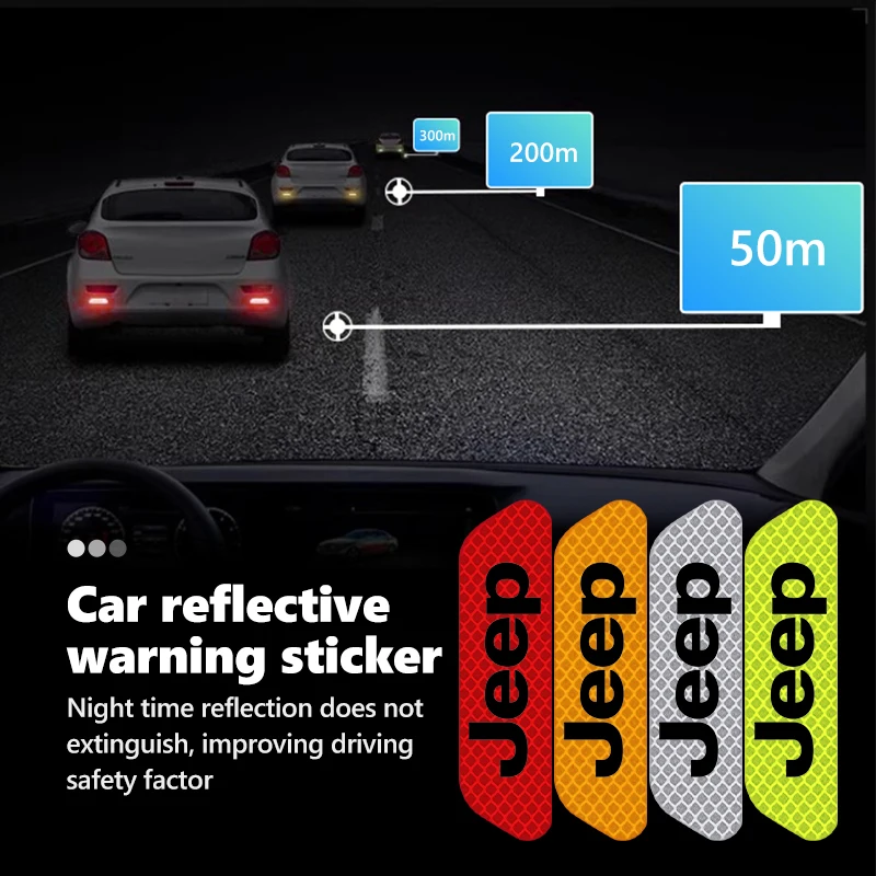 For Jeep 4pcs Car Logo Door Reflective Strips Sticker Security Warning Stickers Accessories Cherokee Wrangler JK Gladiator