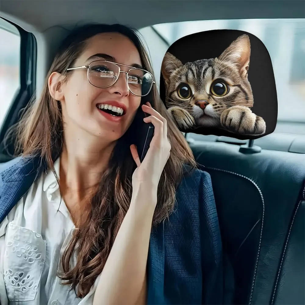Two Cartoon Big-Eyed Cute Cat Printed Car Headrest Covers, Easy to Install And Washable