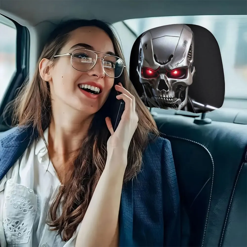 2Pcs Terminator Robot Print Car Headrest Covers Unfilled Design HD 3D Digital Printing Universal Unique Auto Head Rest Protector