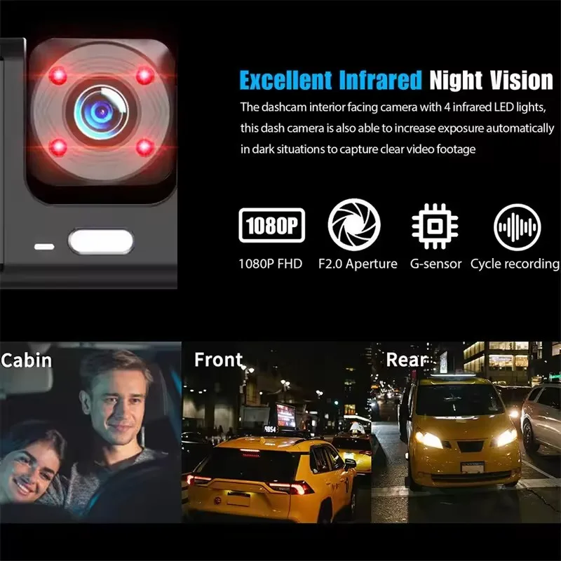 Front and Built-in Car DVR Camera with 1080P Front and 720P Rear Recording,140° Wide-Angle Lens,Night Vision,HD Dashboard Camera