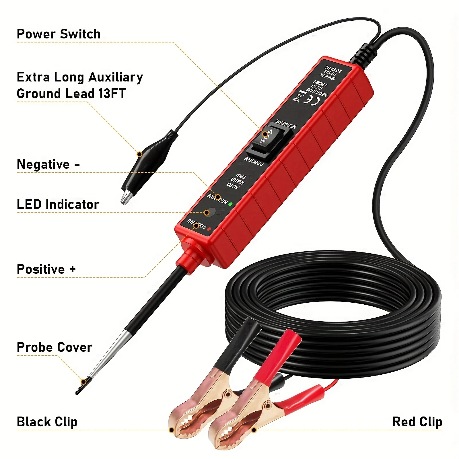 Power Circuit Probe Tester, 6-24V Dc Automotive Test Light, 12-Volt Circuit Tester with 13-Foot Lead Wire, Circuit Breaker Finder, for Continuity Testing of Cars, Suvs, and Trucks