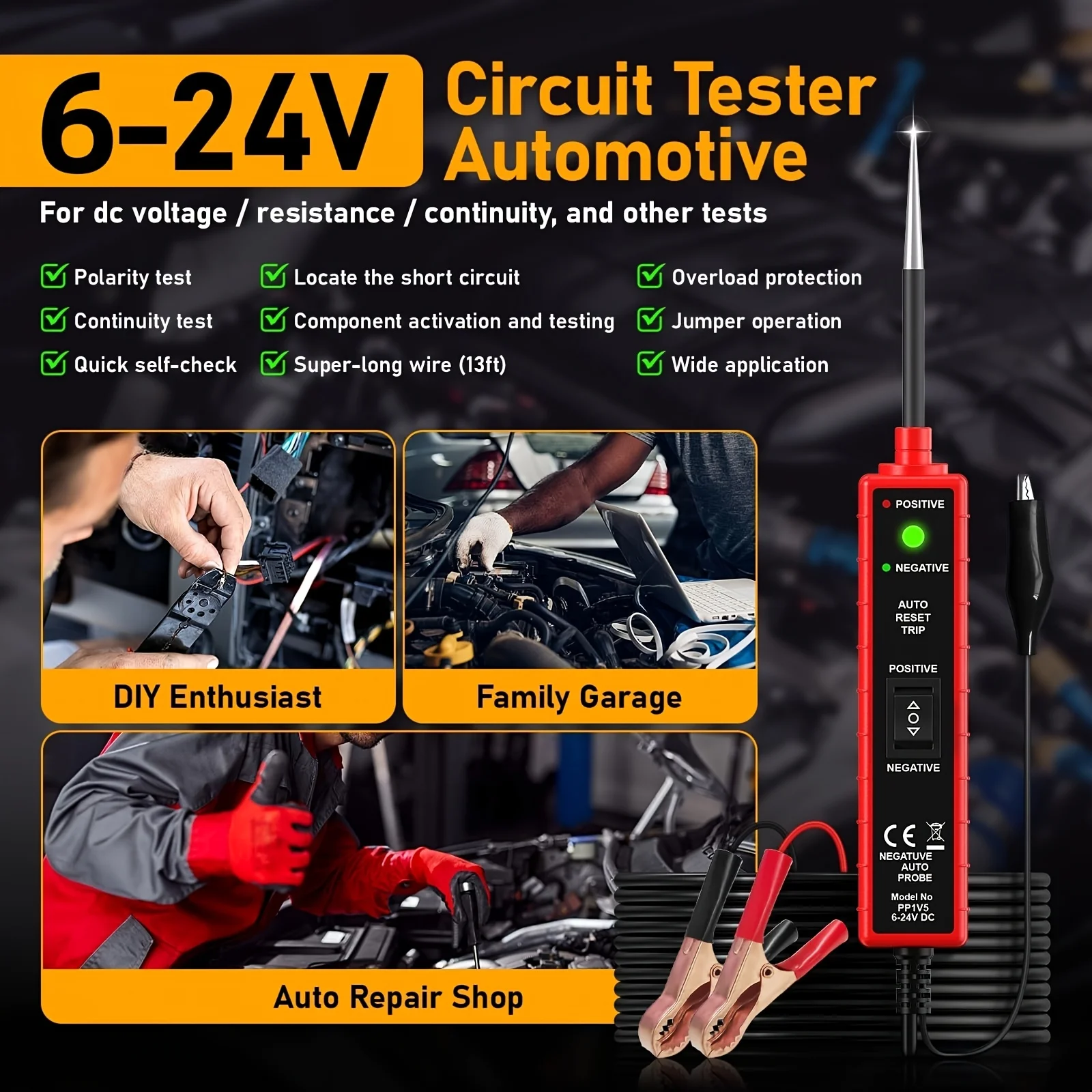 Power Circuit Probe Tester, 6-24V Dc Automotive Test Light, 12-Volt Circuit Tester with 13-Foot Lead Wire, Circuit Breaker Finder, for Continuity Testing of Cars, Suvs, and Trucks