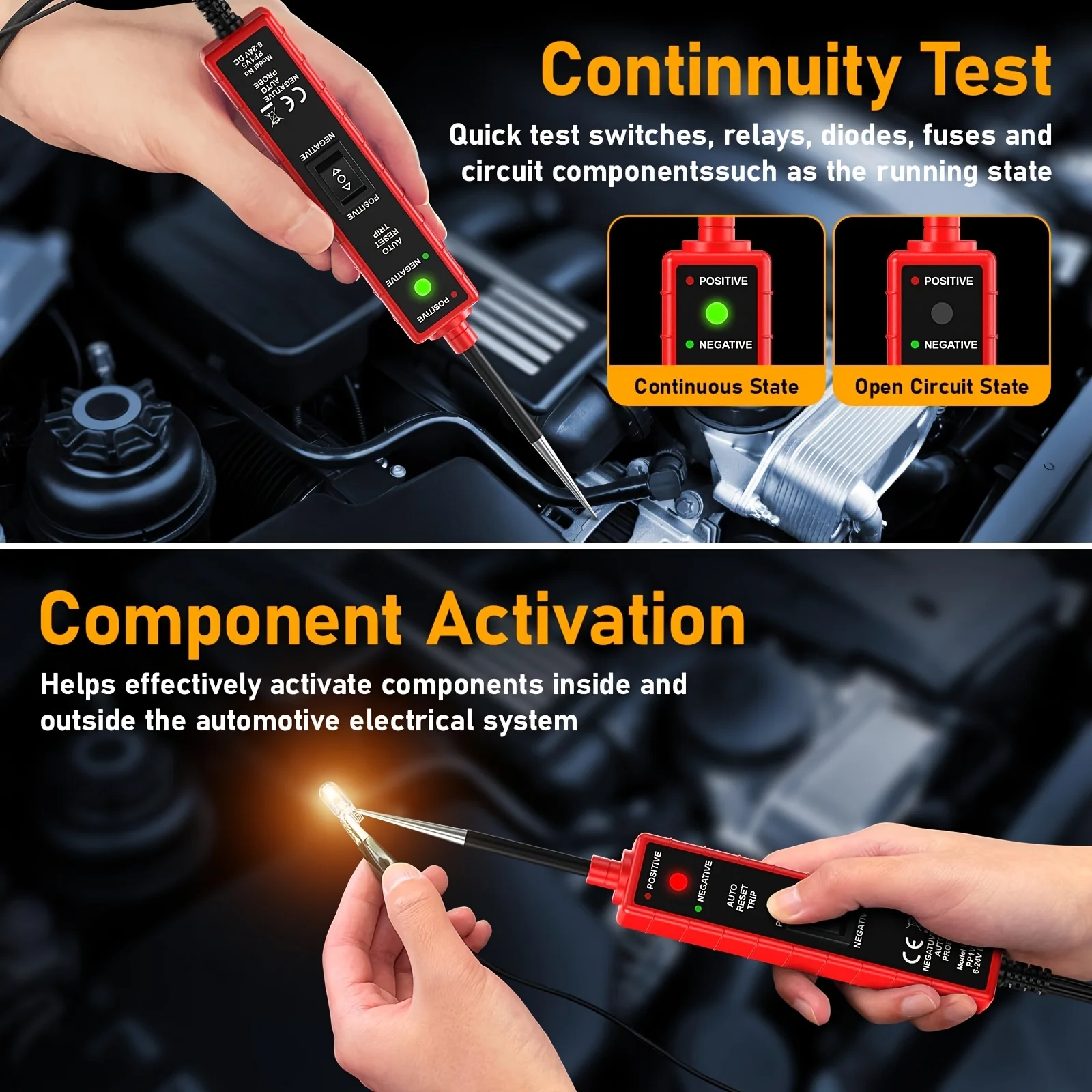 Power Circuit Probe Tester, 6-24V Dc Automotive Test Light, 12-Volt Circuit Tester with 13-Foot Lead Wire, Circuit Breaker Finder, for Continuity Testing of Cars, Suvs, and Trucks