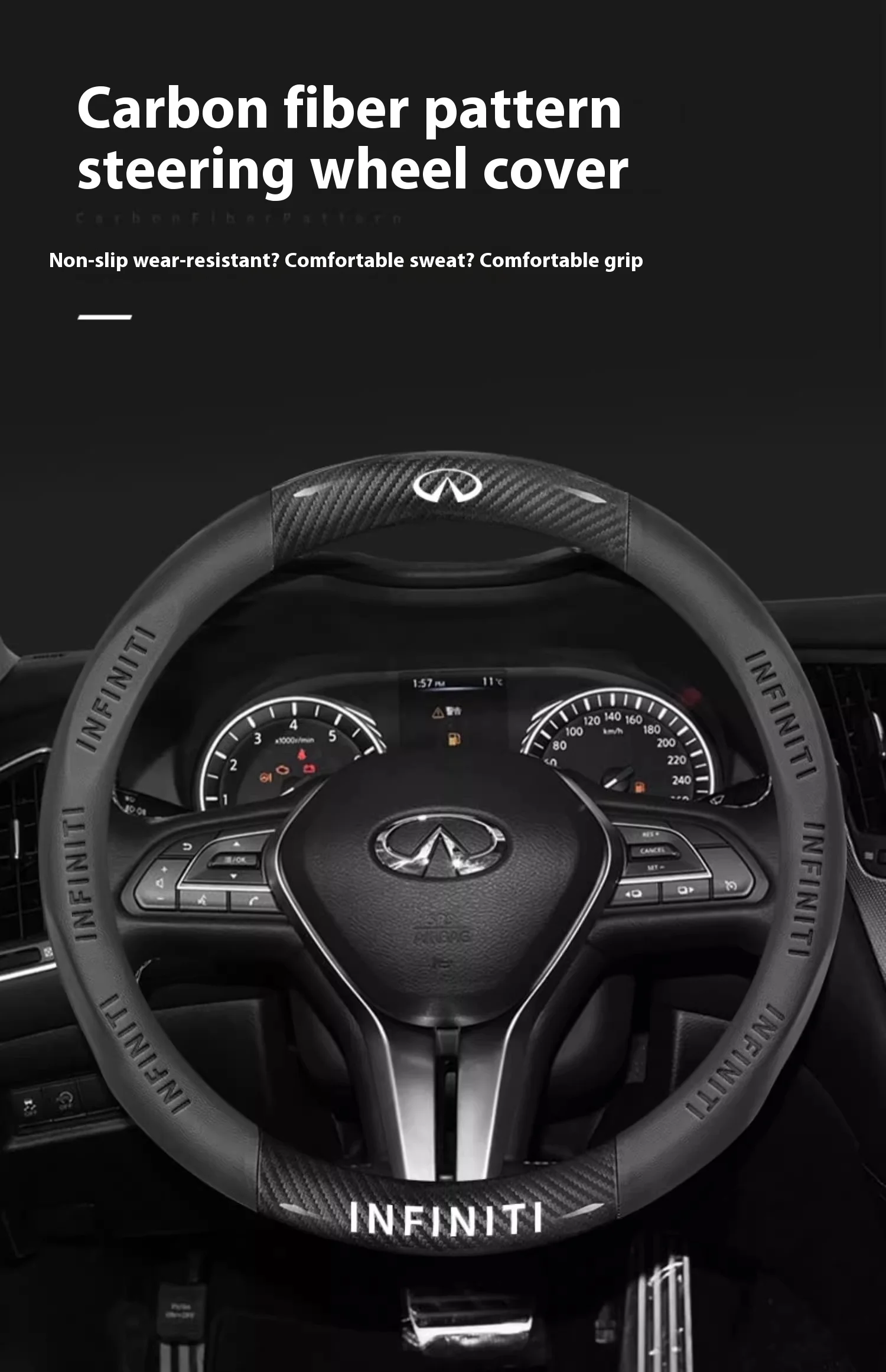 Infiniti Q50 Q60S Q70 QX30 QX50 QX55 QX56 QX60 QX70 QX8 JX35 EX25 FX35 G37 M35 ESQ Car Carbon Fiber Leather Steering Wheel Cover