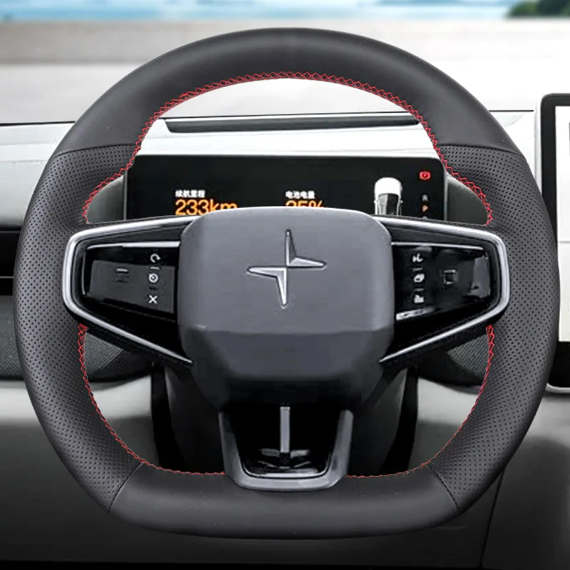 Hand-stitched Black Leather Interior for Volvo Polestar4 2023-2026 Car Steering Wheel Cover Car Decoration Accessories