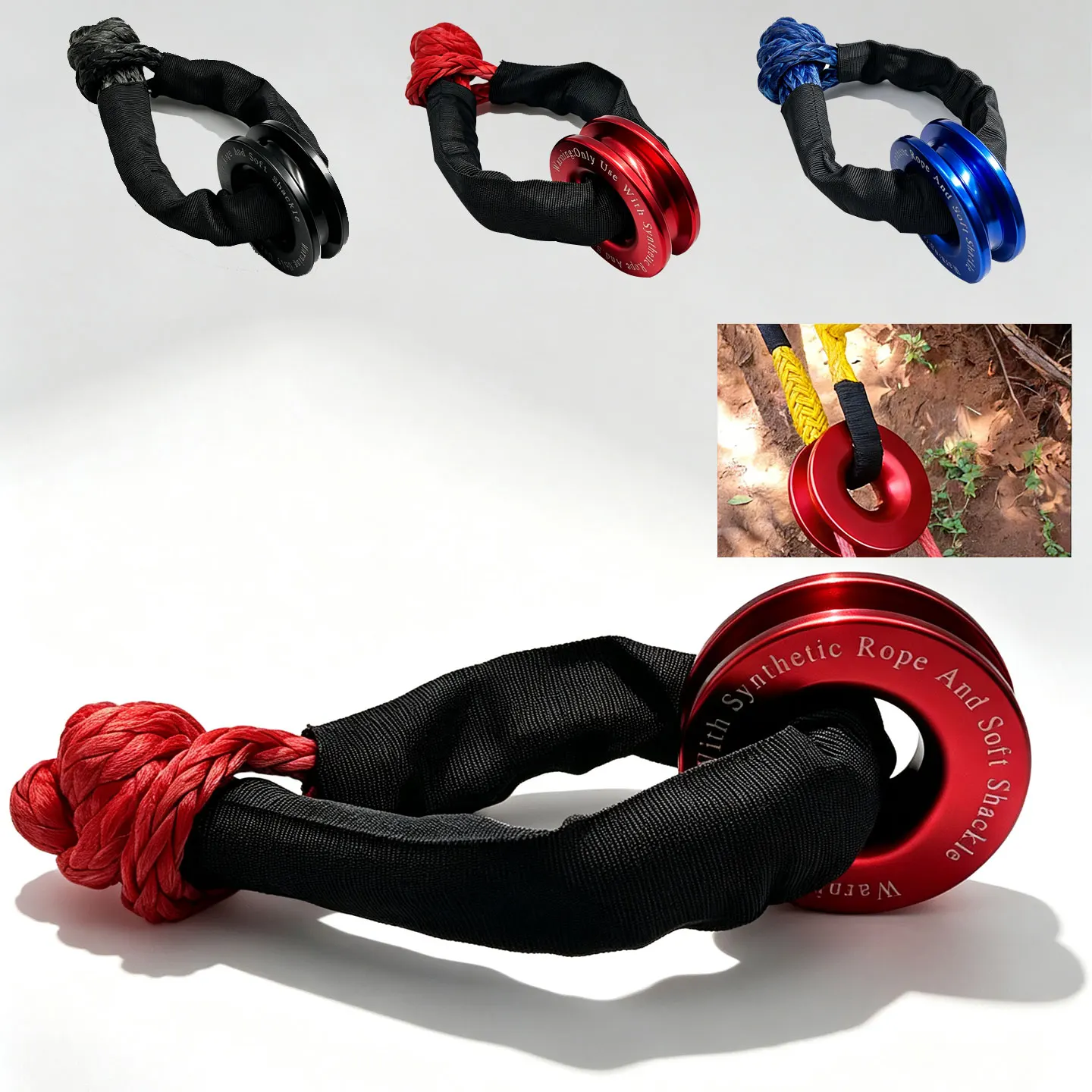 55000lbs Winch Rope Synthetic Soft Shackle+Recovery Ring Set Rugged Shackles With Protective Sleeve for Truck Vehicle Recovery