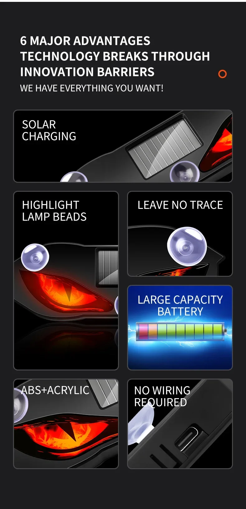 Solar Power Car Decorative Lamps Demon Eyes Light Cool Flashing Warning Light Dynamic Safety Vehicle Signal Lights for Halloween