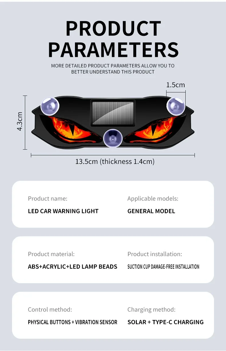 Solar Power Car Decorative Lamps Demon Eyes Light Cool Flashing Warning Light Dynamic Safety Vehicle Signal Lights for Halloween