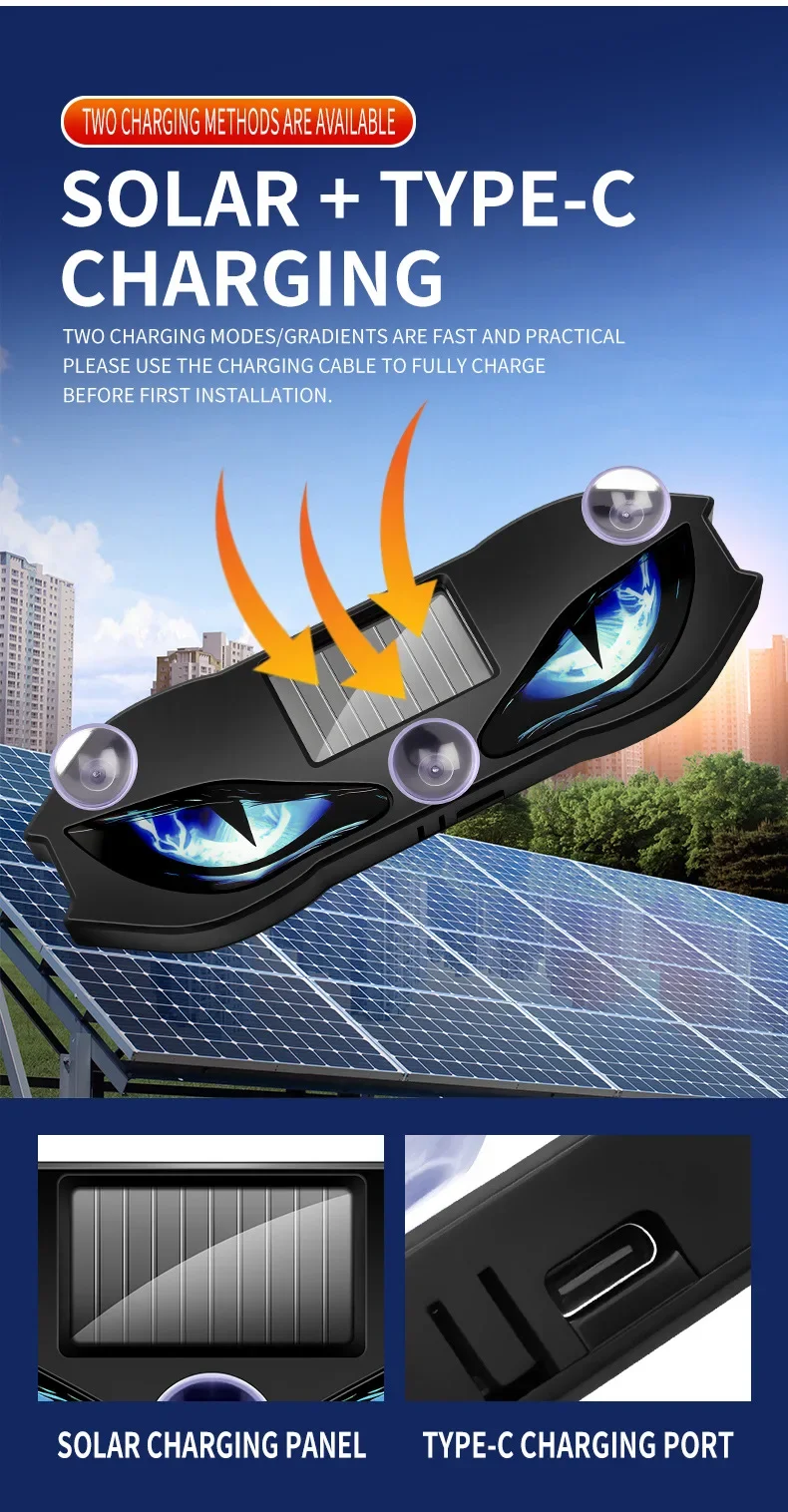Solar Power Car Decorative Lamps Demon Eyes Light Cool Flashing Warning Light Dynamic Safety Vehicle Signal Lights for Halloween