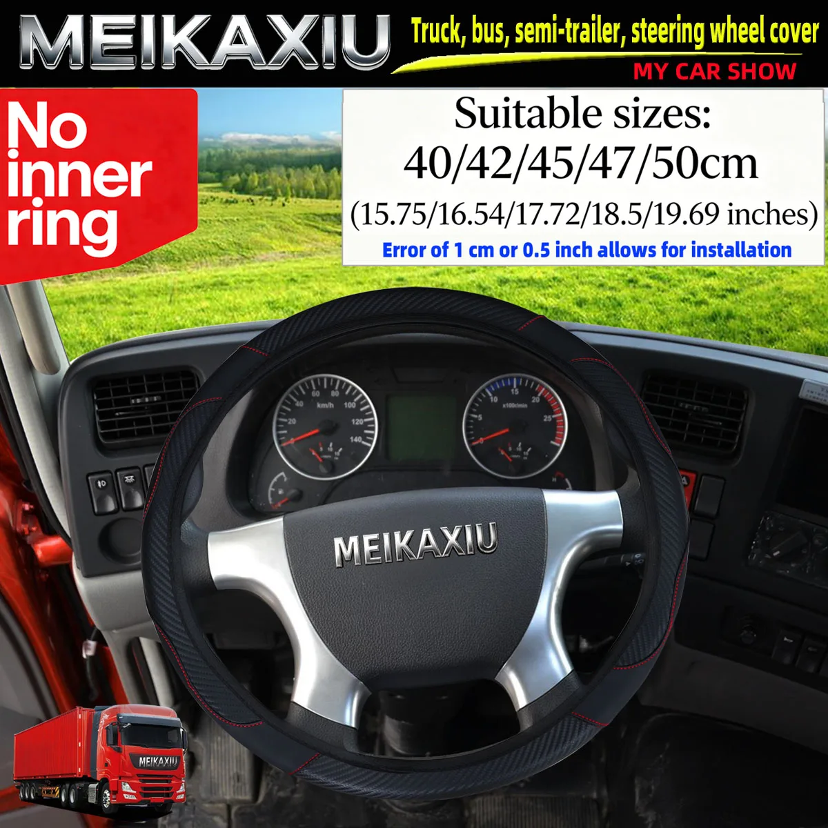 Adjustable Carbon Fiber PU Leather Steering Wheel Cover for Truck Van Bus - Multiple Sizes 40cm/42cm/45cm/47cm/50cm - Automotive