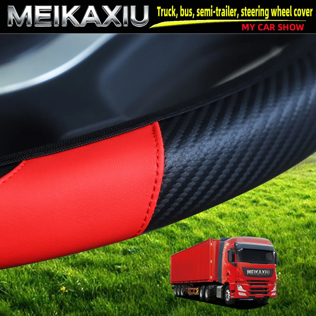 Adjustable Carbon Fiber PU Leather Steering Wheel Cover for Truck Van Bus - Multiple Sizes 40cm/42cm/45cm/47cm/50cm - Automotive