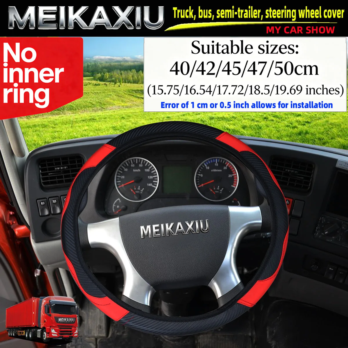 Adjustable Carbon Fiber PU Leather Steering Wheel Cover for Truck Van Bus - Multiple Sizes 40cm/42cm/45cm/47cm/50cm - Automotive