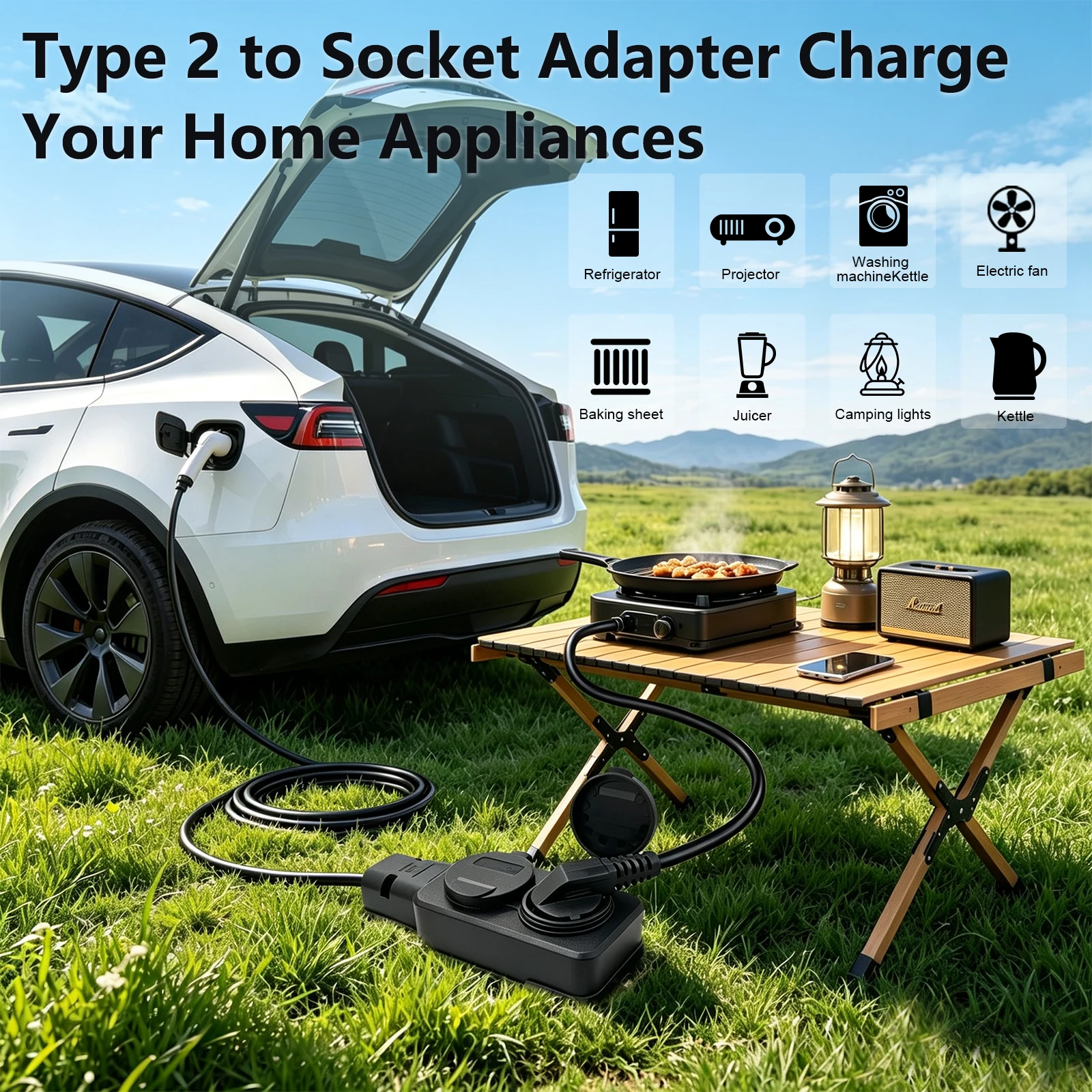 EV Type2 V2L Discharge Adapter Vehicle to Load Cable EU Socket EV Car V2L Power Discharge Charging Cable EU Outlet Plug