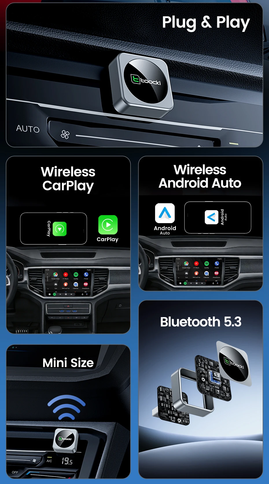 Toocki 2-in-1 Wireless CarPlay & Android Auto Adapter BT 5.3 WiFi 5G 2.4G Plug Play USB-C for iPhone Android Car with Wired CarP