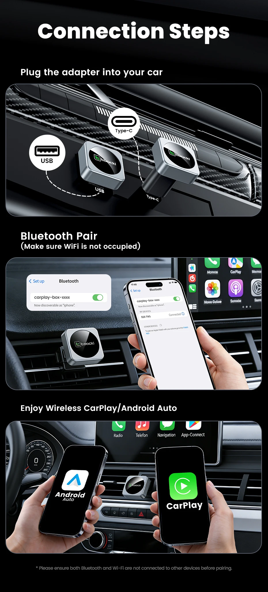 Toocki 2-in-1 Wireless CarPlay & Android Auto Adapter BT 5.3 WiFi 5G 2.4G Plug Play USB-C for iPhone Android Car with Wired CarP