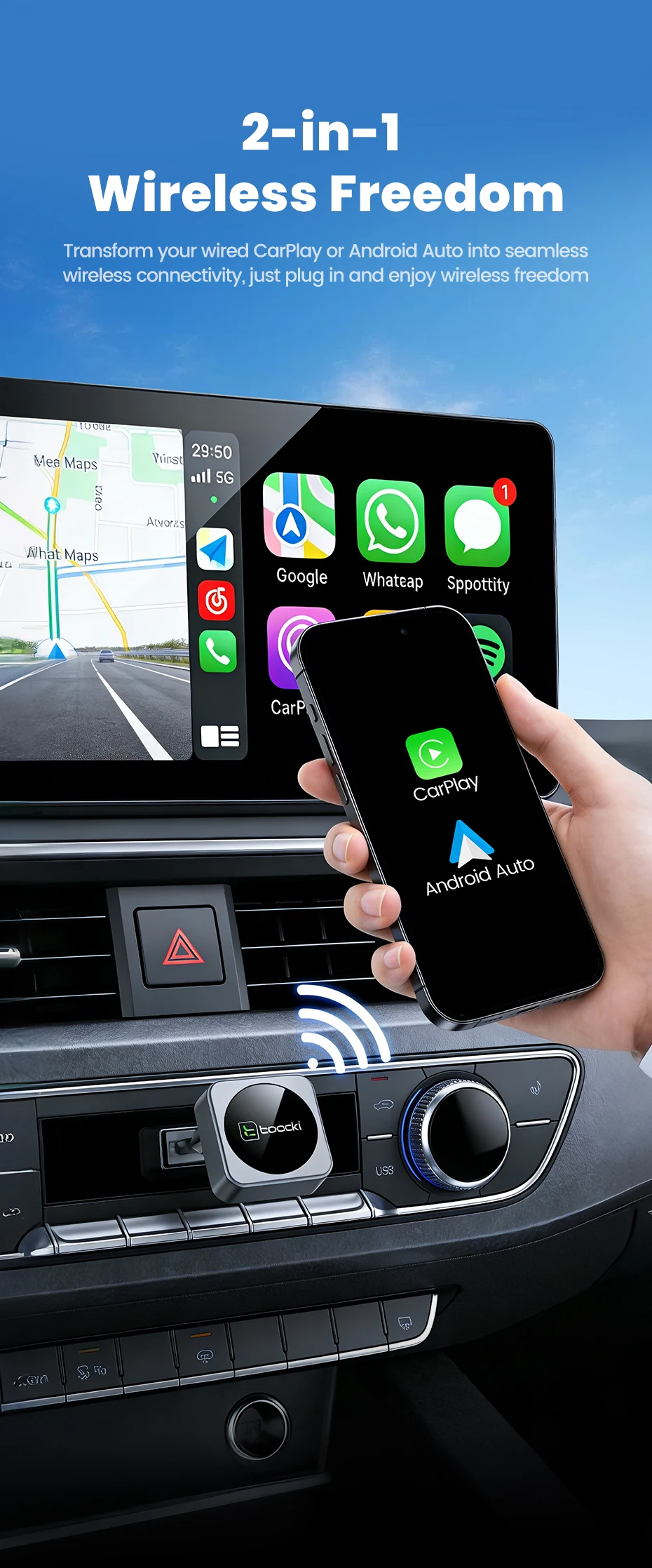 Toocki 2-in-1 Wireless CarPlay & Android Auto Adapter BT 5.3 WiFi 5G 2.4G Plug Play USB-C for iPhone Android Car with Wired CarP