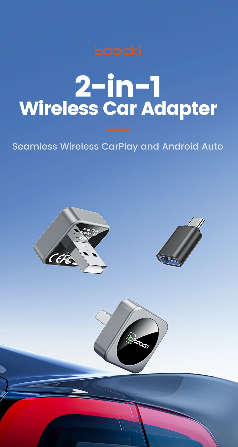 Toocki 2-in-1 Wireless CarPlay & Android Auto Adapter BT 5.3 WiFi 5G 2.4G Plug Play USB-C for iPhone Android Car with Wired CarP