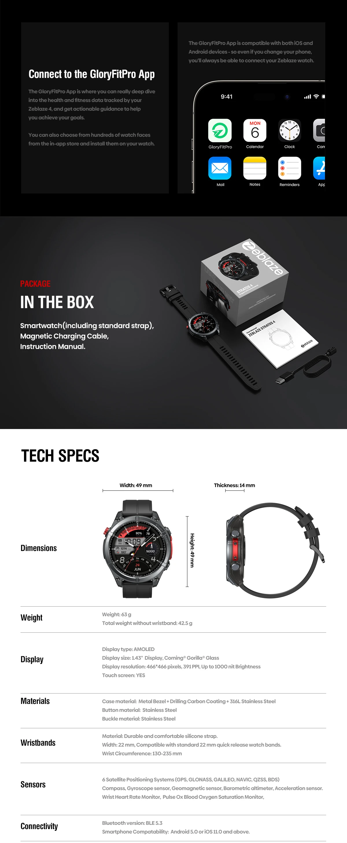 New Zeblaze Stratos 4 GPS Smart Watch 1.43'' AMOLED Display Built-in Flashlight Compass Barometric Altimeter 5 ATM Smartwatch