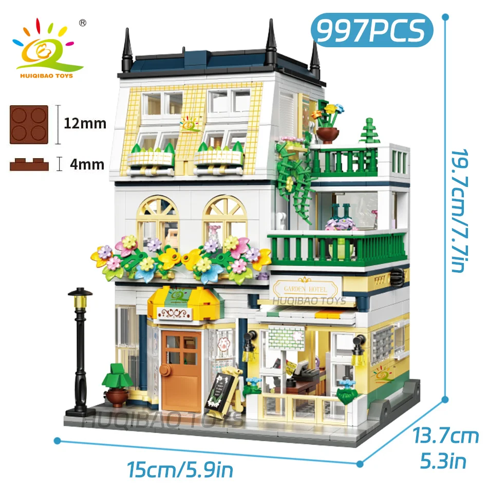 HUIQIBAO 997PCS Mini Garden Hotel Model Building Blocks City Street House Construction Micro Bricks Display Toys Children Adult