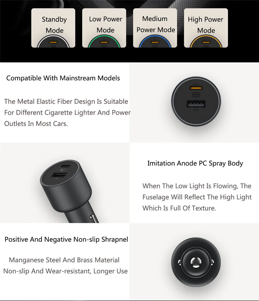 Xiaomi 100W Car Charger Dual USB Quick Charge Mi Car Charger USB-A USB-C Dual Output LED Light With 5A Cable