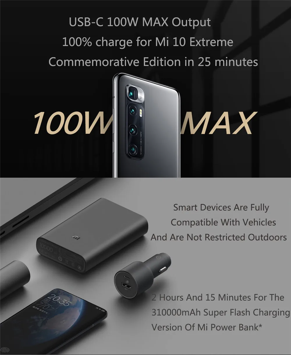 Xiaomi 100W Car Charger Dual USB Quick Charge Mi Car Charger USB-A USB-C Dual Output LED Light With 5A Cable