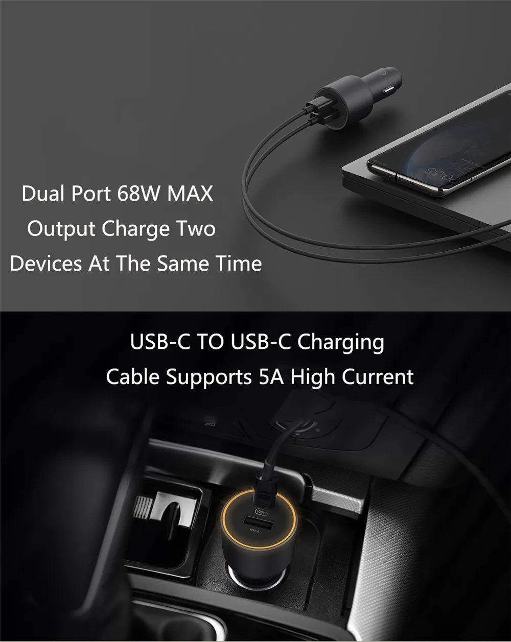 Xiaomi 100W Car Charger Dual USB Quick Charge Mi Car Charger USB-A USB-C Dual Output LED Light With 5A Cable