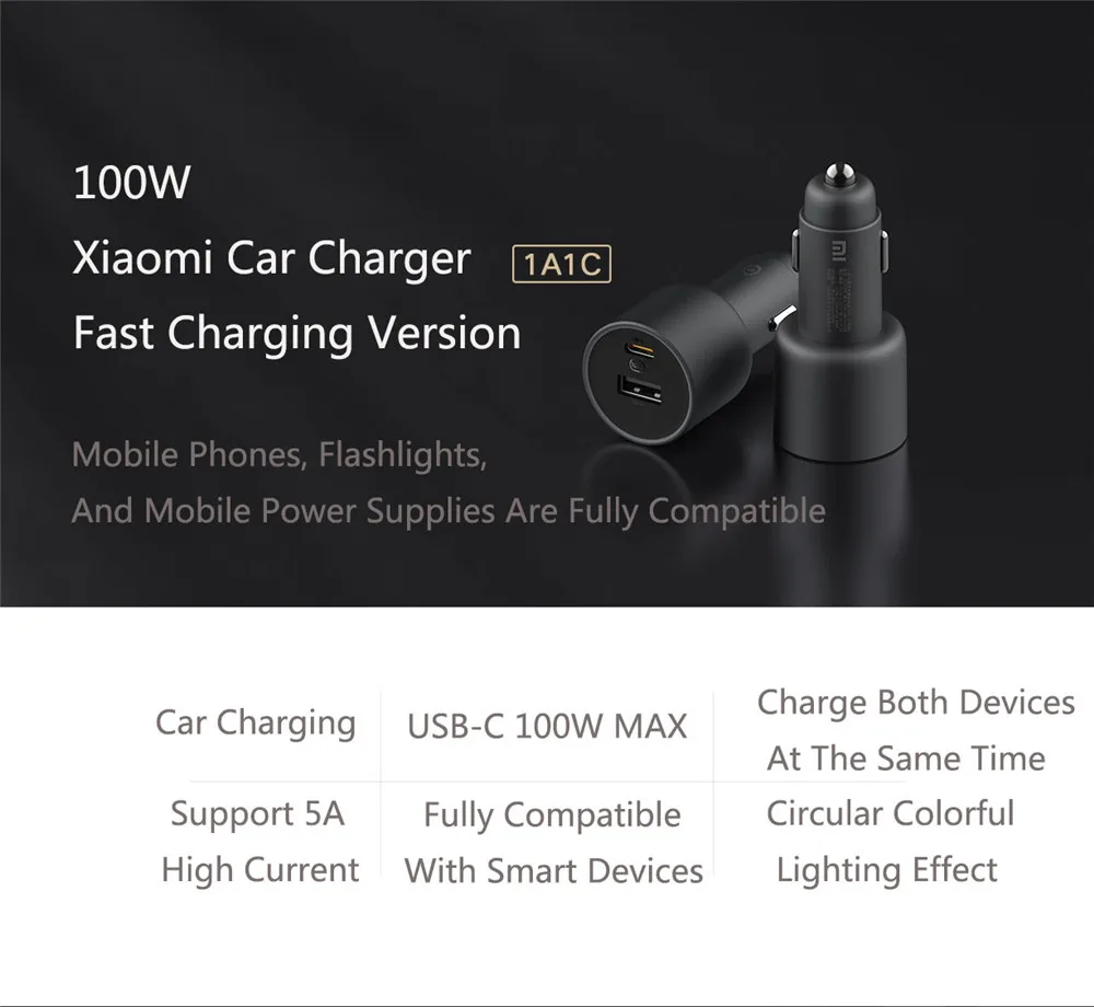 Xiaomi 100W Car Charger Dual USB Quick Charge Mi Car Charger USB-A USB-C Dual Output LED Light With 5A Cable