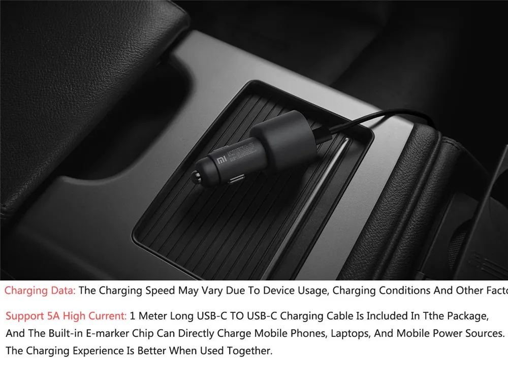 Xiaomi 100W Car Charger Dual USB Quick Charge Mi Car Charger USB-A USB-C Dual Output LED Light With 5A Cable