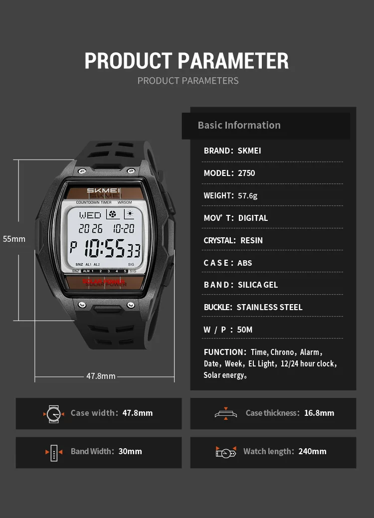SKMEI 2750 Fashion Men Electronic Watch Solar Power Large Screen Luminous Calendar Multifunctional Outdoor Sport Watches for Man