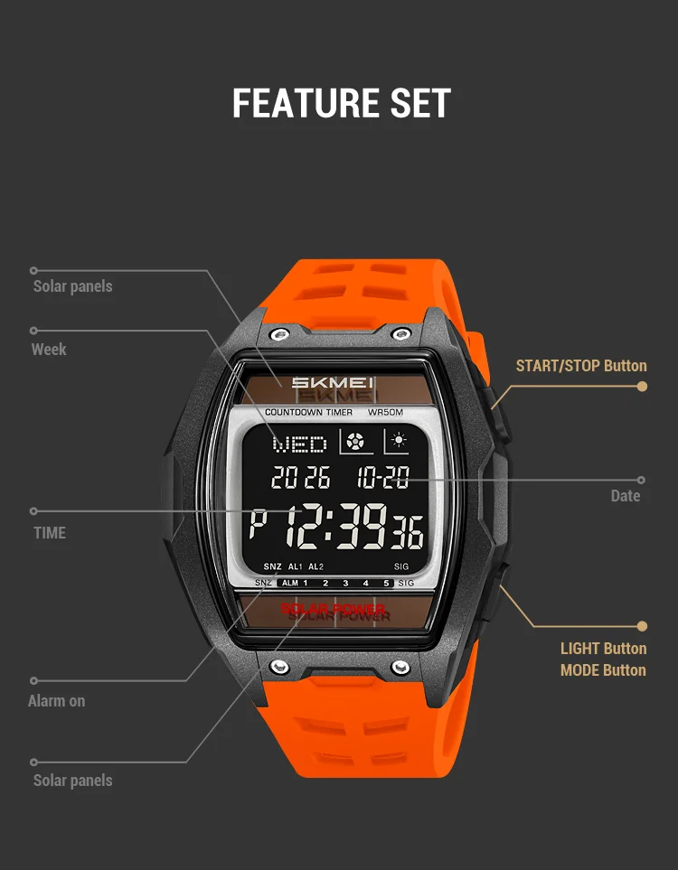 SKMEI 2750 Fashion Men Electronic Watch Solar Power Large Screen Luminous Calendar Multifunctional Outdoor Sport Watches for Man