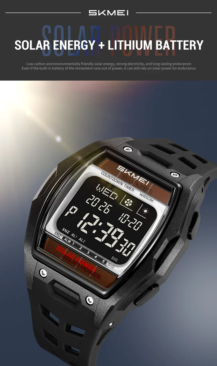 SKMEI 2750 Fashion Men Electronic Watch Solar Power Large Screen Luminous Calendar Multifunctional Outdoor Sport Watches for Man