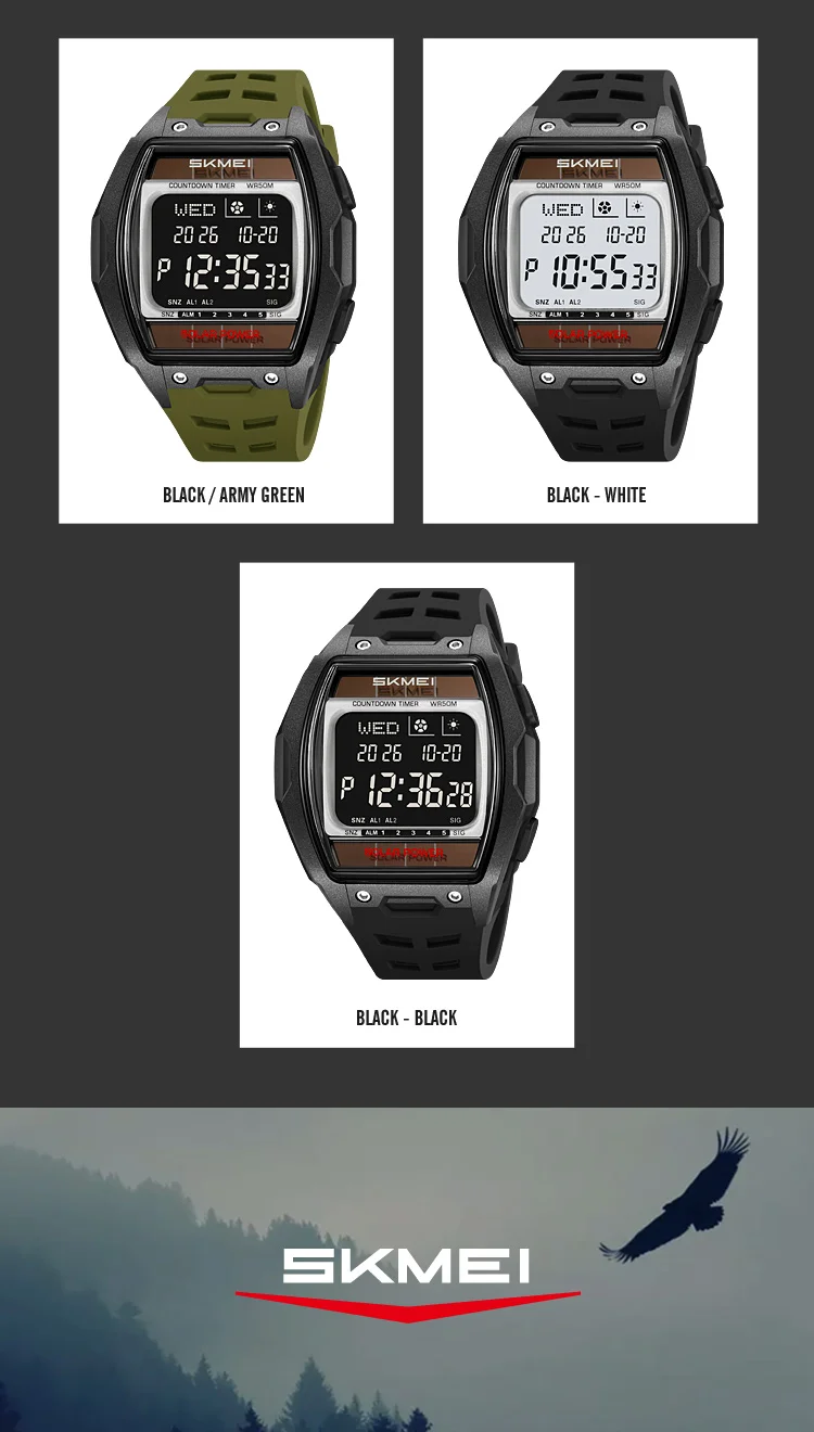 SKMEI 2750 Fashion Men Electronic Watch Solar Power Large Screen Luminous Calendar Multifunctional Outdoor Sport Watches for Man