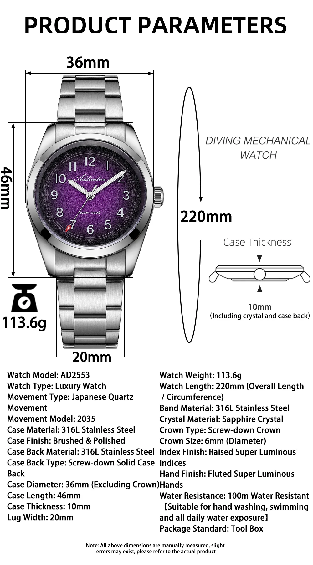 ADDIESDIVE 2026 New 36mm Men's Luxury Quartz Watch Sapphire Crystal 100m Water Resistance Super Luminous Stainless Steel Watch