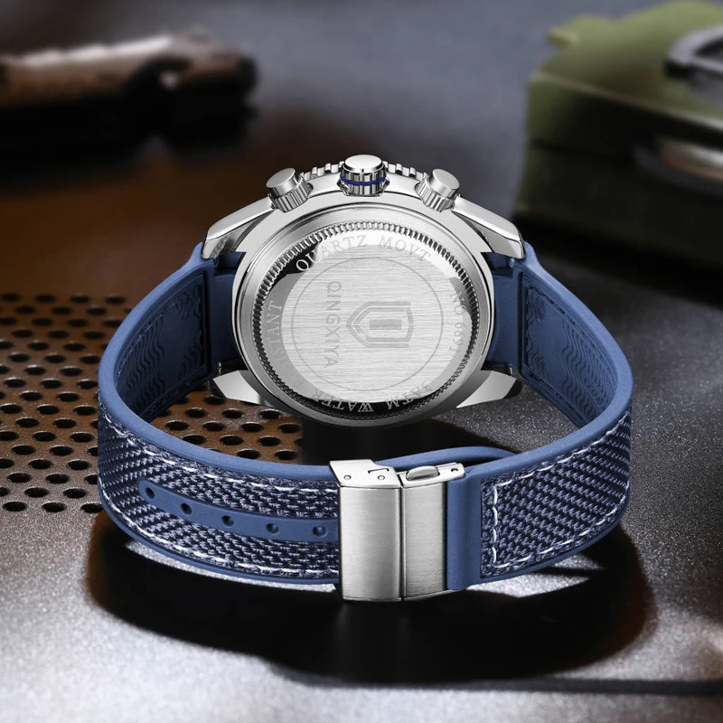 QINGXIYA Brand Luxury Multifunctional Quartz Watch Men Silicone Strap Waterproof Luminous Chronograph Watches Mens Sports Watch